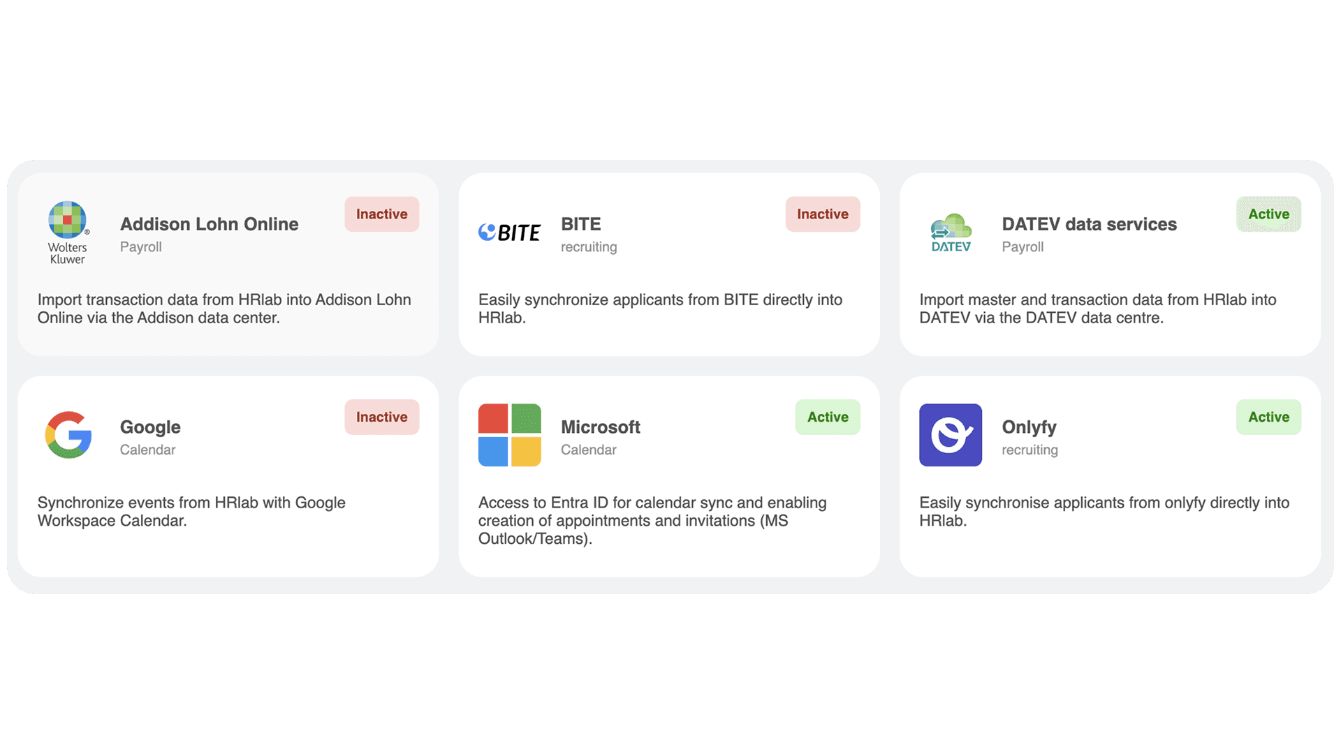The HRlab APIs provide direct integration of your HR software with your existing systems, including payroll, accounting, applicant management, and user administration. 